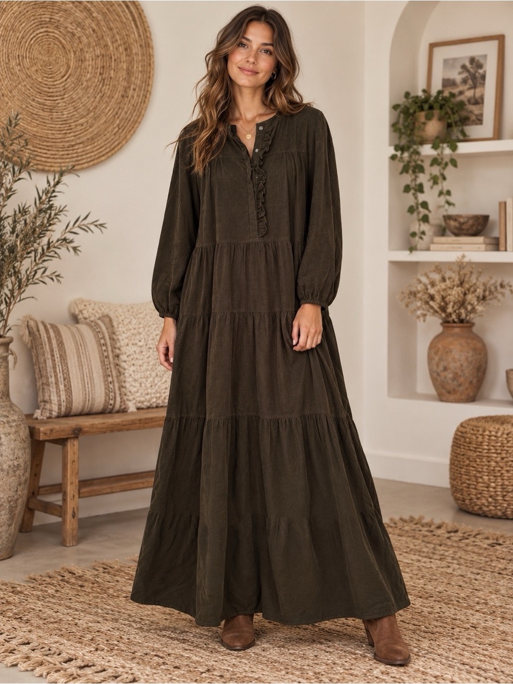 Madison Mathews Olive Corduroy Pocketed Maxi Dress